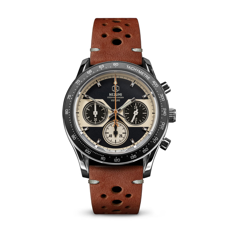 Voiture Chronograph watch by Nezumi is powered by a mechanical-quartz movement made by Seiko