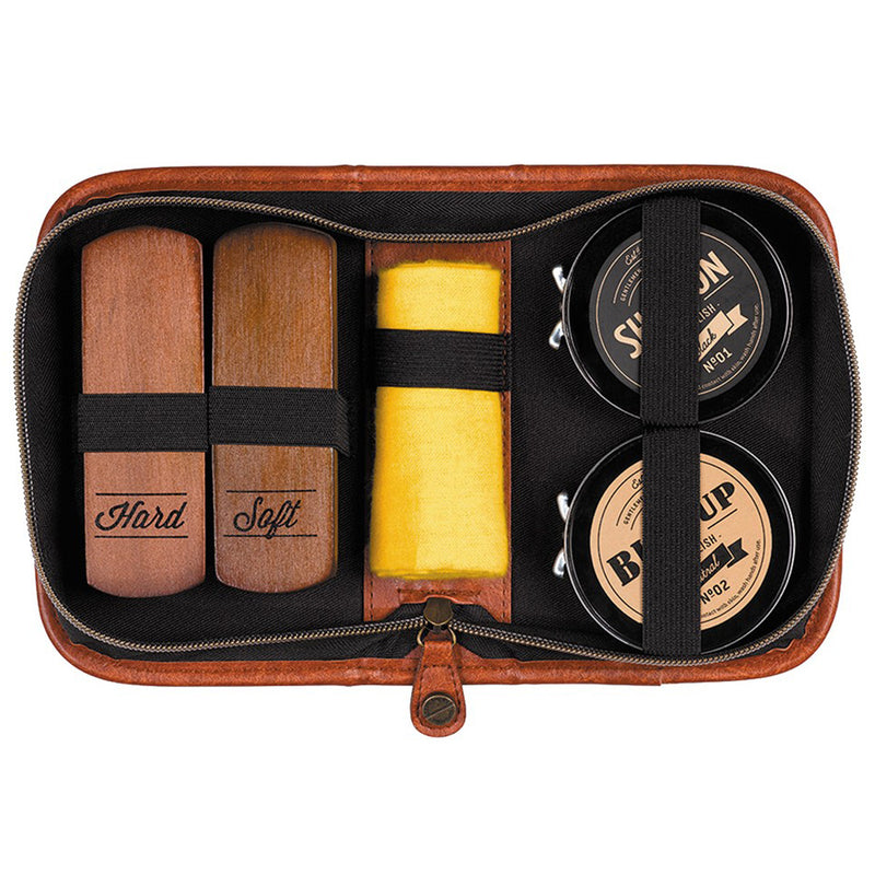 Shoe shine travel kit leather bag