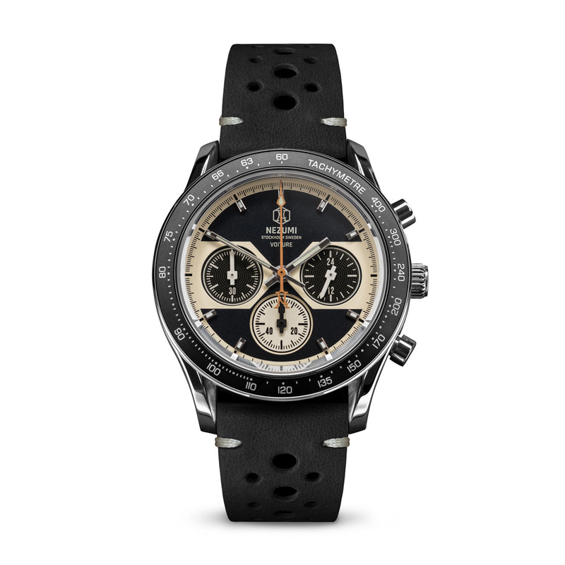 Voiture Chronograph watch by Nezumi is powered by a mechanical-quartz movement made by Seiko