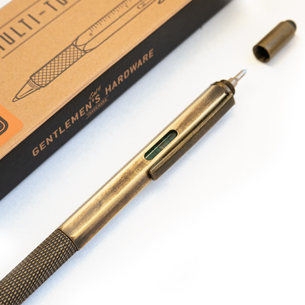 Brass finish 6-in-1 multi-tool pen with spirit level
