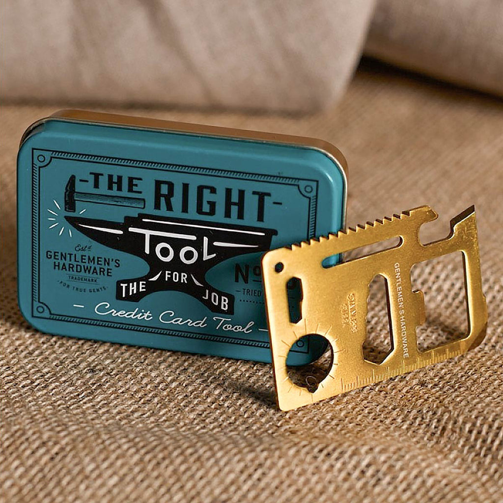 brass-style credit card multi-tool combines an array of handy tools in one credit-card-sized solution