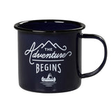 Blue enamel mug with white text "The Adventure Begins"