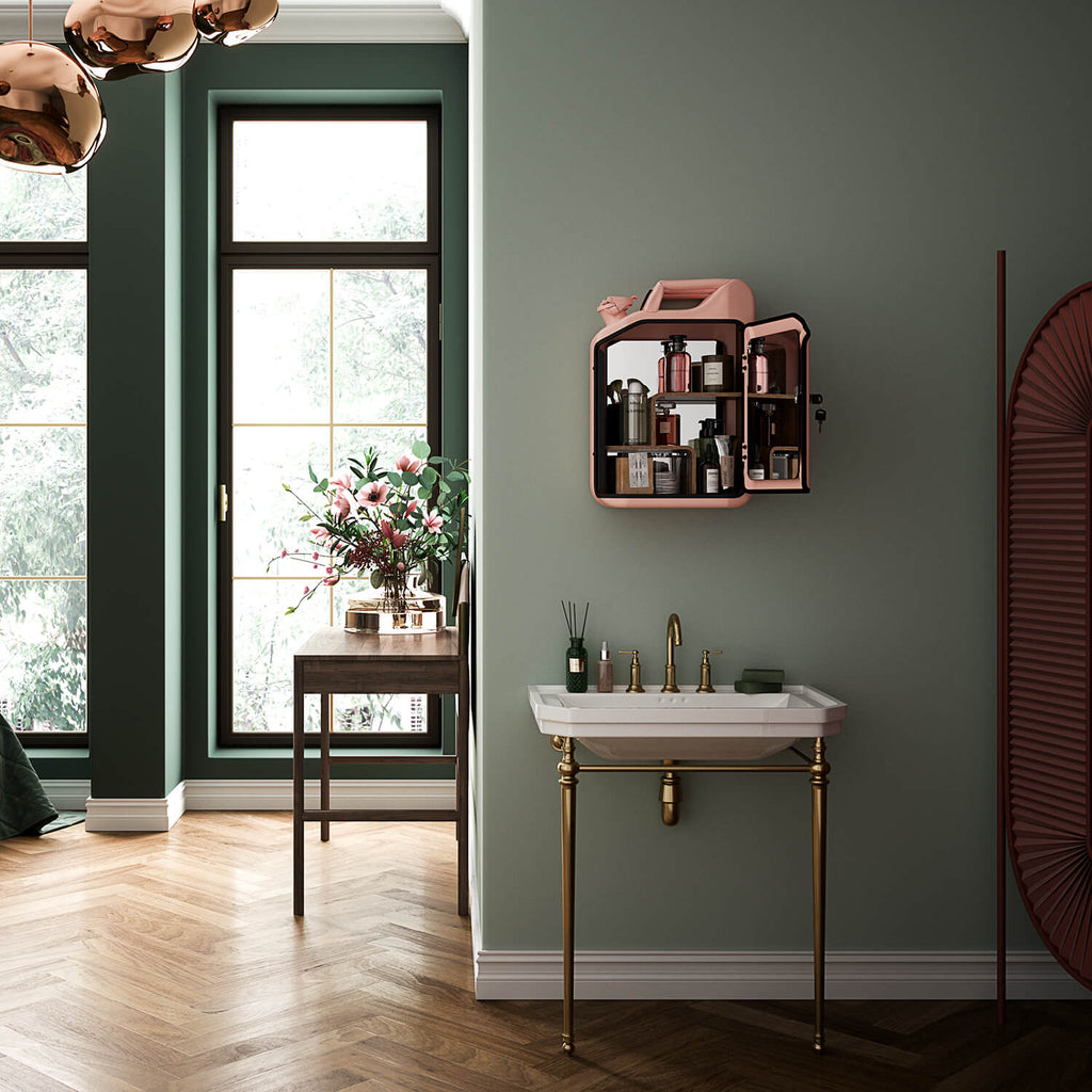Open Rose Bathroom Jerrycan Cabinet from Danish Fuel hanging on the wall