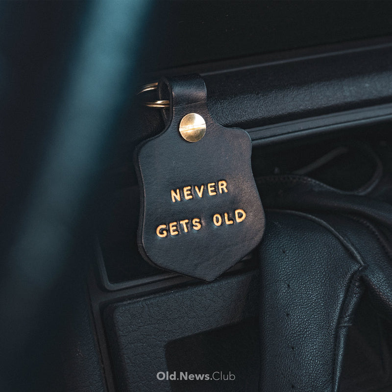 Leather Key Fob with gold embossed text in classic car