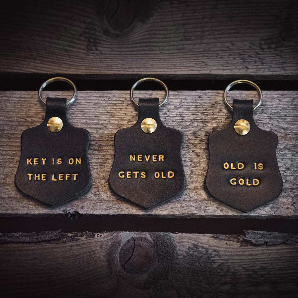 Leather Key Fobs with embossed gold text